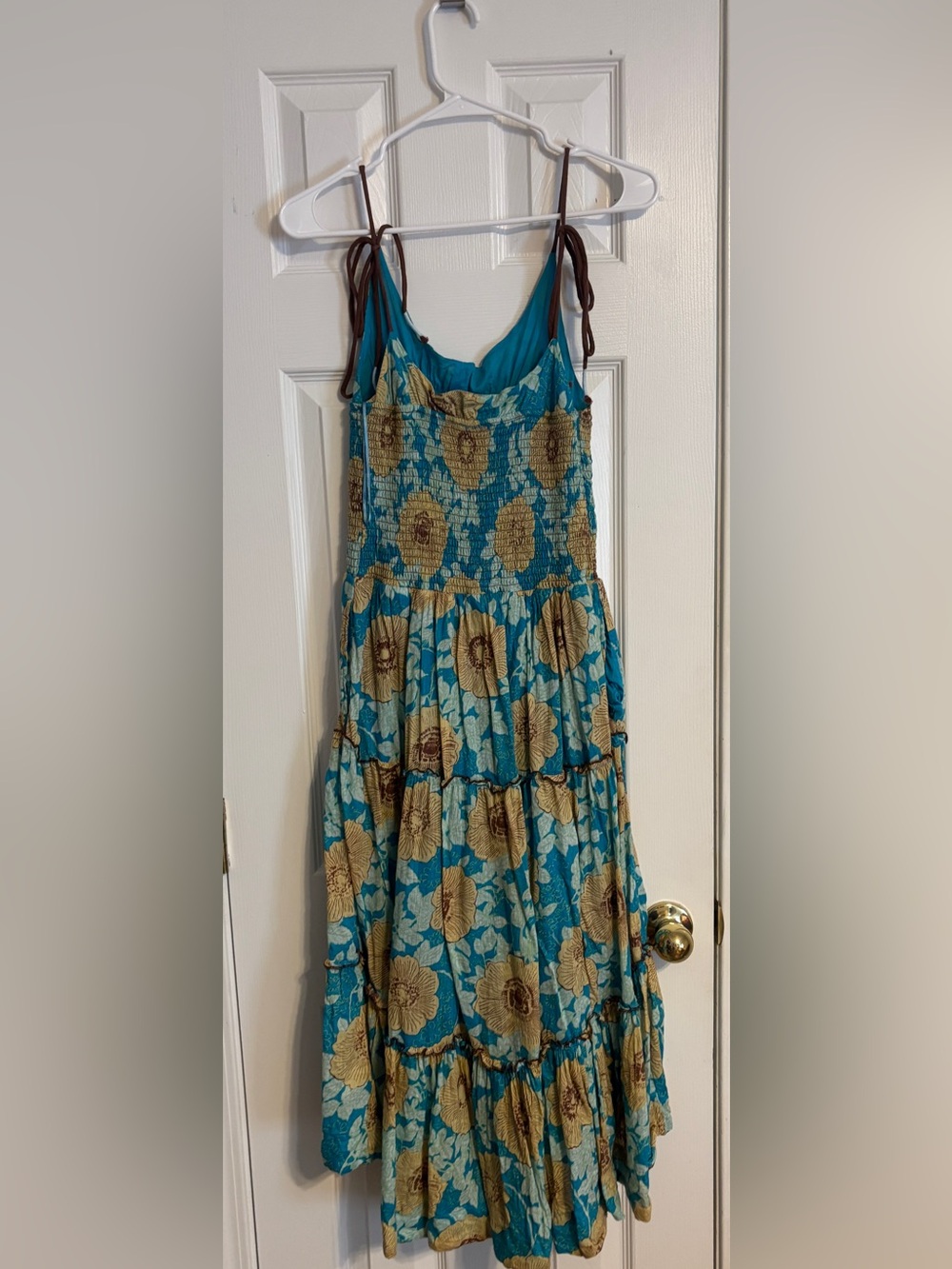 Free People Teal Floral Tiered Maxi Dress with Brown Straps